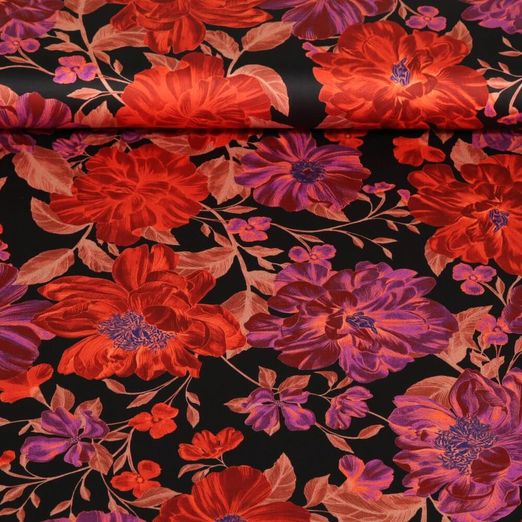 Satin de coton - Impression digitale Fleurs Noir