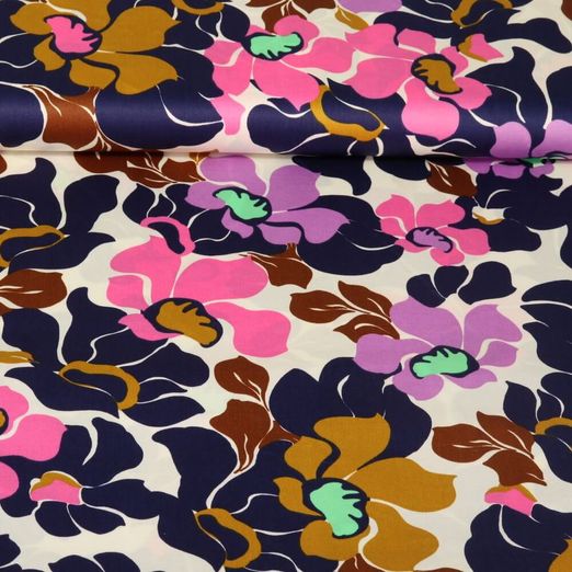 Satin de coton - Fleurs Bleu marine foncé