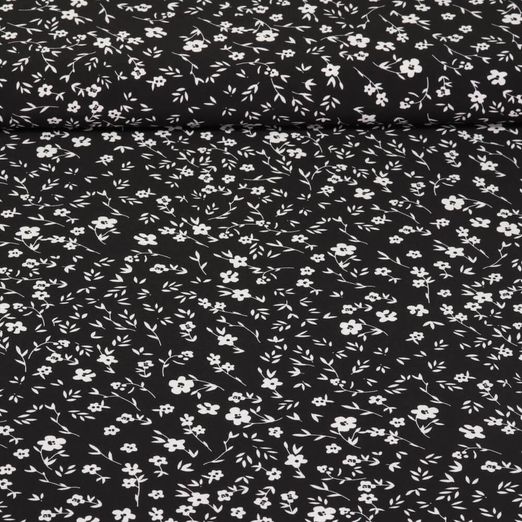 Tissu robes et blouses stretch - Fleurs éparses Noir Blanc