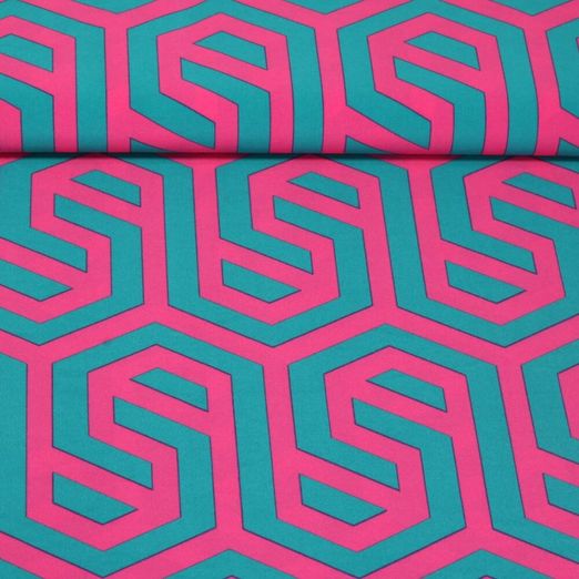 Tissu robes et blouses stretch - Labyrinthe Bleu pétrole Rose vif