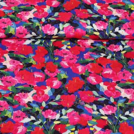 Viscose Lurex - Impression digitale Fleurs Rose vif