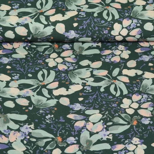 Viskose Popeline - Digitaldruck Stretch Blüten Dunkelgrün