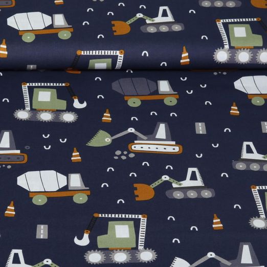 Baumwoll-Popeline - Baufahrzeuge Navy