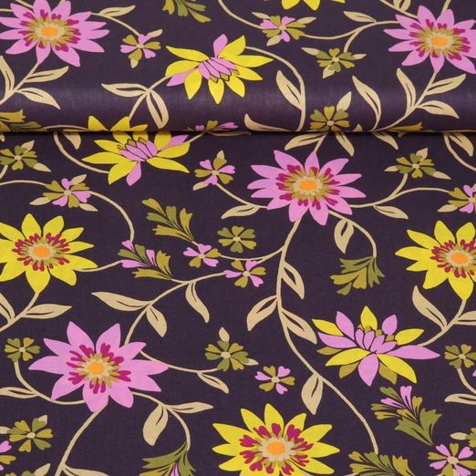 Voile de coton - Guirlandes de fleurs Aubergine