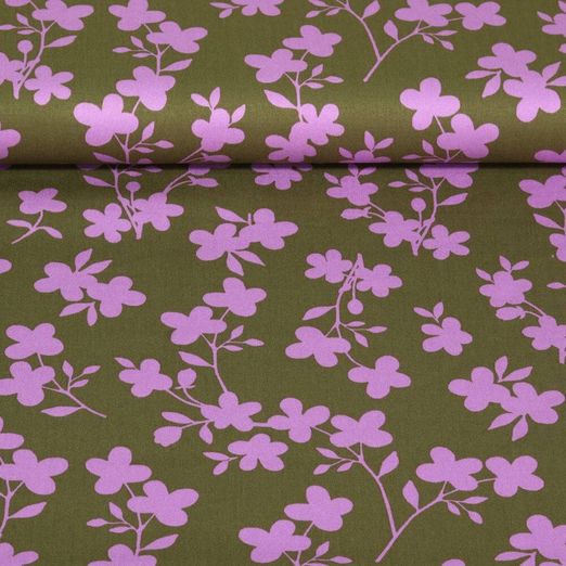 Viscose stretch - Branches de fleurs Vert olive Lilas