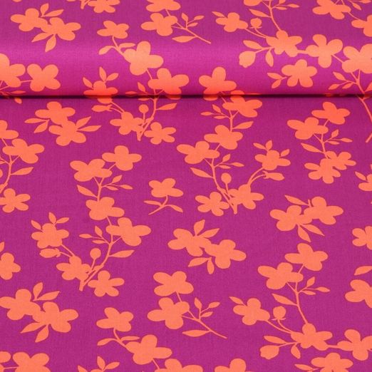 Viskose Stretch - Blumenzweige Lila Orange
