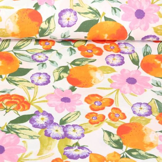 Tissu en coton - Fleurs et pêches Blanc