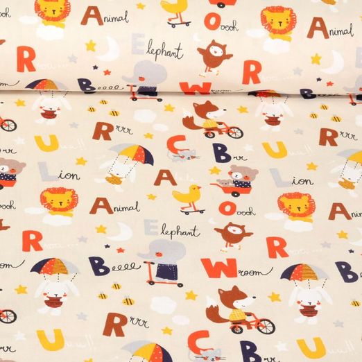 Baumwoll-Cretonne - Tiere Alphabet Beige