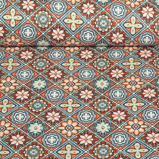 Coton enduit - Fleurs Orient Orange