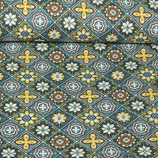 Cretonne de coton - Fleurs orientales Bleu