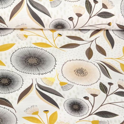 Cretonne de coton - Fleurs et pois Blanc Marron