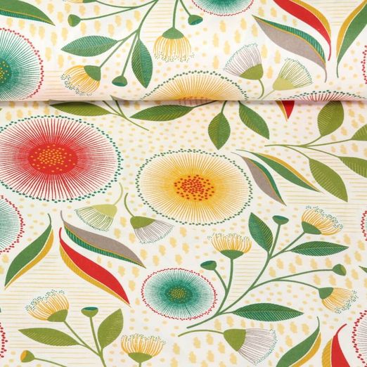 Coton enduit - Fleurs et pois Blanc Vert