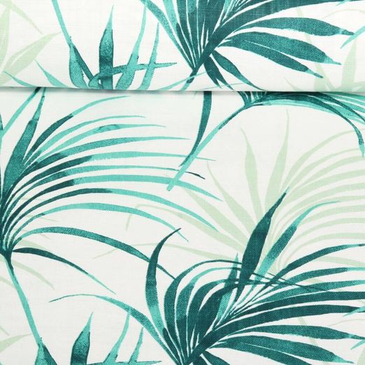 Toile de coton canevas - Feuilles de palmiers Blanc Bleu pétrole