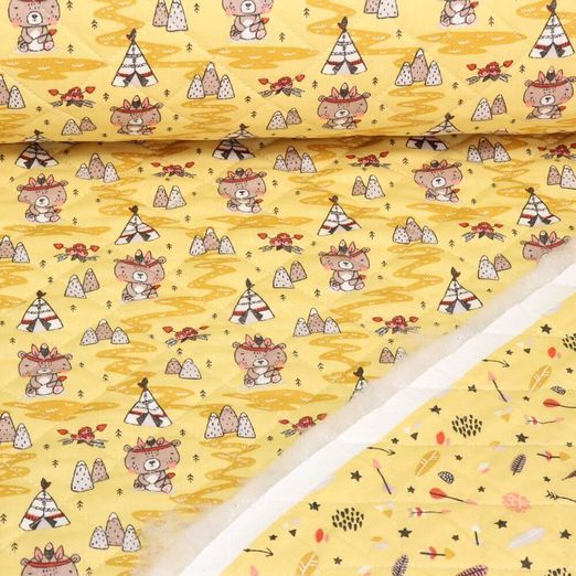 Tissu matelassé - Babystepp double face Tipi et ours Jaune