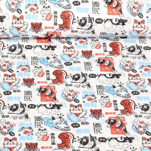 Baumwoll-Cretonne - Maneki Neko Weiß Multicolor