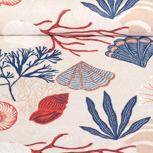 Cretonne de coton - Coquillages et coraux Gris Rouge
