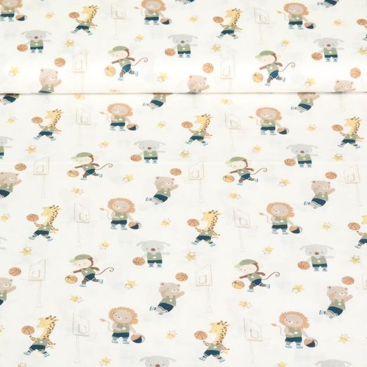 Popeline de coton - Animaux Basketball Blanc Multicolore