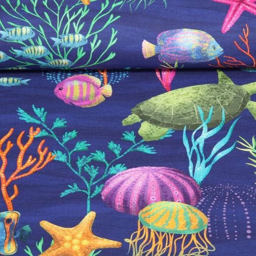 Toile de coton canevas - Monde sous-marin Bleu
