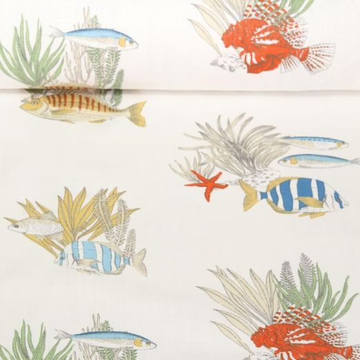 Toile de coton canevas - Poissons Blanc