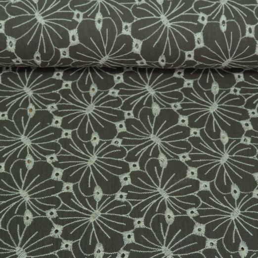 Double gaze de coton - Fleurs brodées Vert militaire