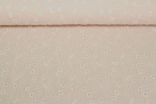 Double gaze de coton - Fleurs brodées Beige