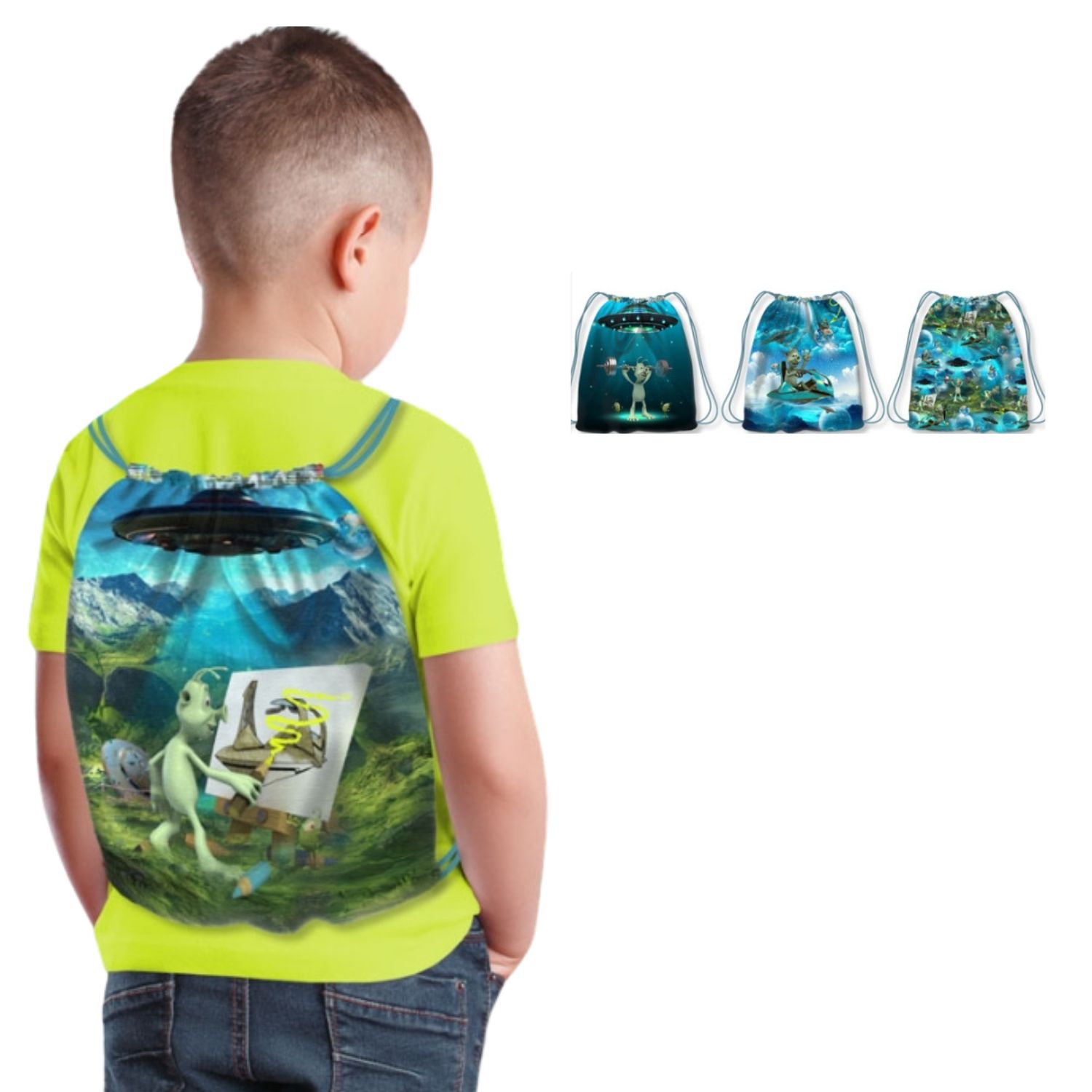 Canvas Taschen Panel - Digitaldruck Kids Backpack Außerirdische Blau-1 Canvas Taschen Panel - Digitaldruck Kids Backpack Außerirdische Blau-1