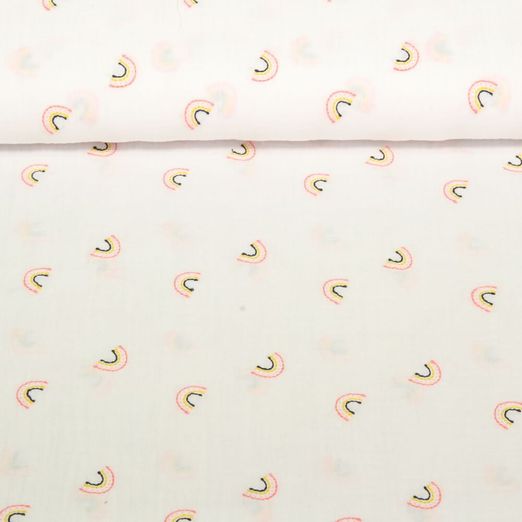 Gaze de coton - Double gaze Arc-en-ciel brodé Blanc