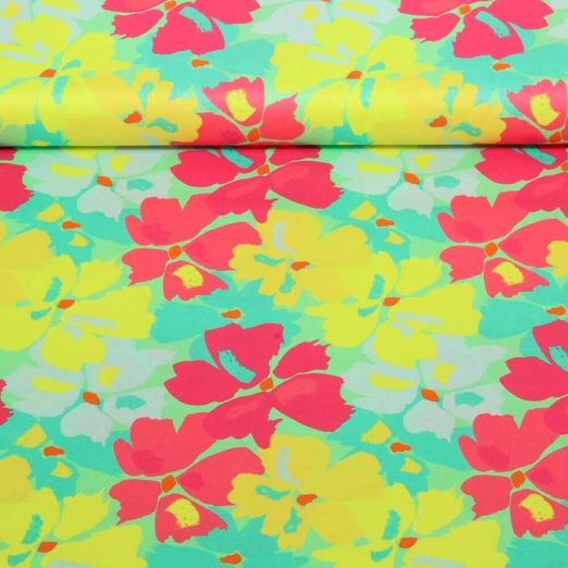 Voile de coton - Impression digitale Fleurs peintes Rose vif
