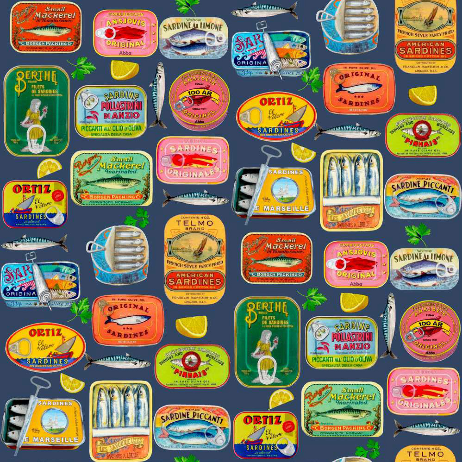 Tissu d'extérieur Hugo & Hilda - Boîtes de sardines Bleu marine foncé Multicolore-1 Tissu d'extérieur Hugo & Hilda - Boîtes de sardines Bleu marine foncé Multicolore-1