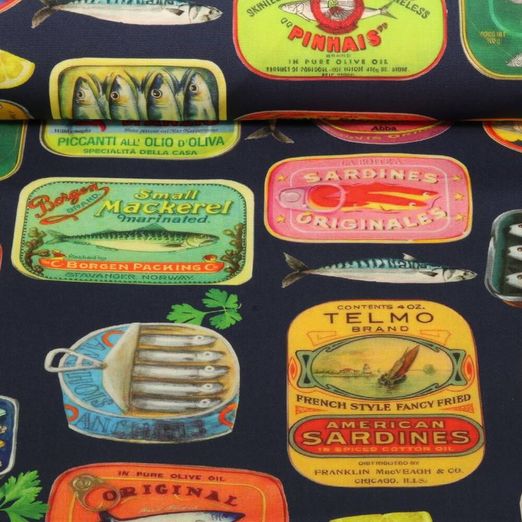 Tissu d'extérieur Hugo & Hilda - Boîtes de sardines Bleu marine foncé Multicolore Tissu d'extérieur Hugo & Hilda - Boîtes de sardines Bleu marine foncé Multicolore