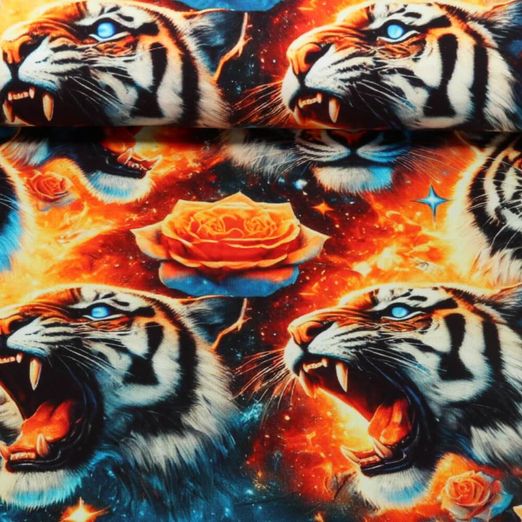 Sommersweat - French Terry Digitaldruck Tiger und Rosen Multicolor