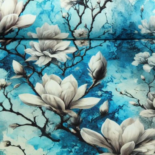 Sweat d'été - French Terry Impression digitale Magnolias Bleu