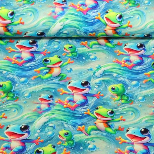 Jersey - Digitaldruck Bunte Frösche Blau