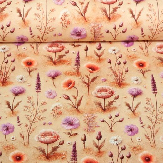 Jersey - Impression digitale Lavande et fleurs Beige