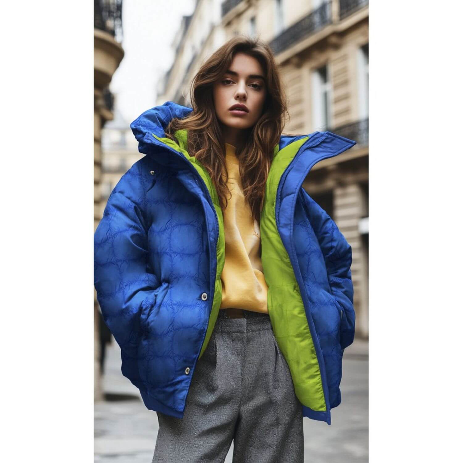 Tissu matelassé pour veste - Carrés Bleu Jaune fluo-1 Tissu matelassé pour veste - Carrés Bleu Jaune fluo-1