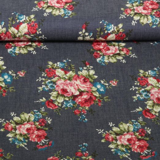 Tissu jeans pour blouses - Fleurs Bleu