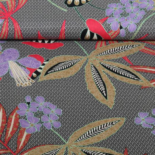 Satin de coton stretch - Fleurs et feuilles Bleu marine foncé