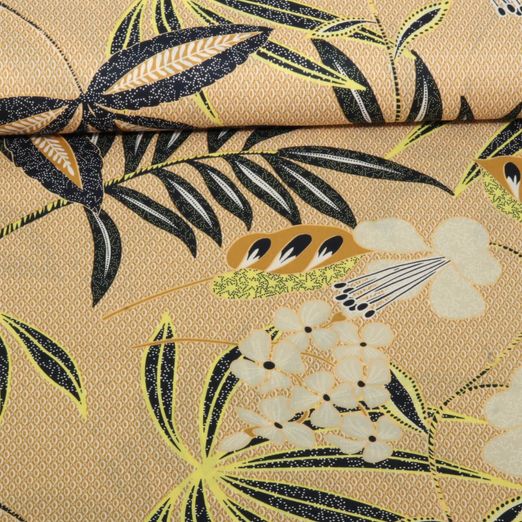 Satin de coton stretch - Fleurs et feuilles Beige