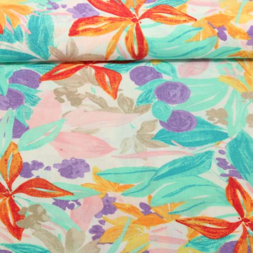 Tissu robes et blouses - Structure lin Fleurs Ecru