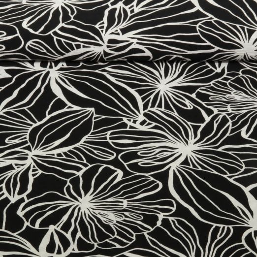 Kleider und Blusenstoff - Goße Blüten Schwarz
