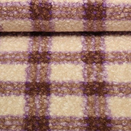 Tissu manteau - Bouclette Carreaux Violet Beige
