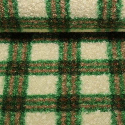 Tissu manteau - Bouclette Carreaux Vert Beige