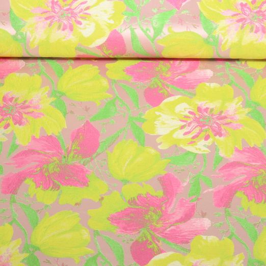 Satin Jacquard - Fleurs Jaune Rose vif