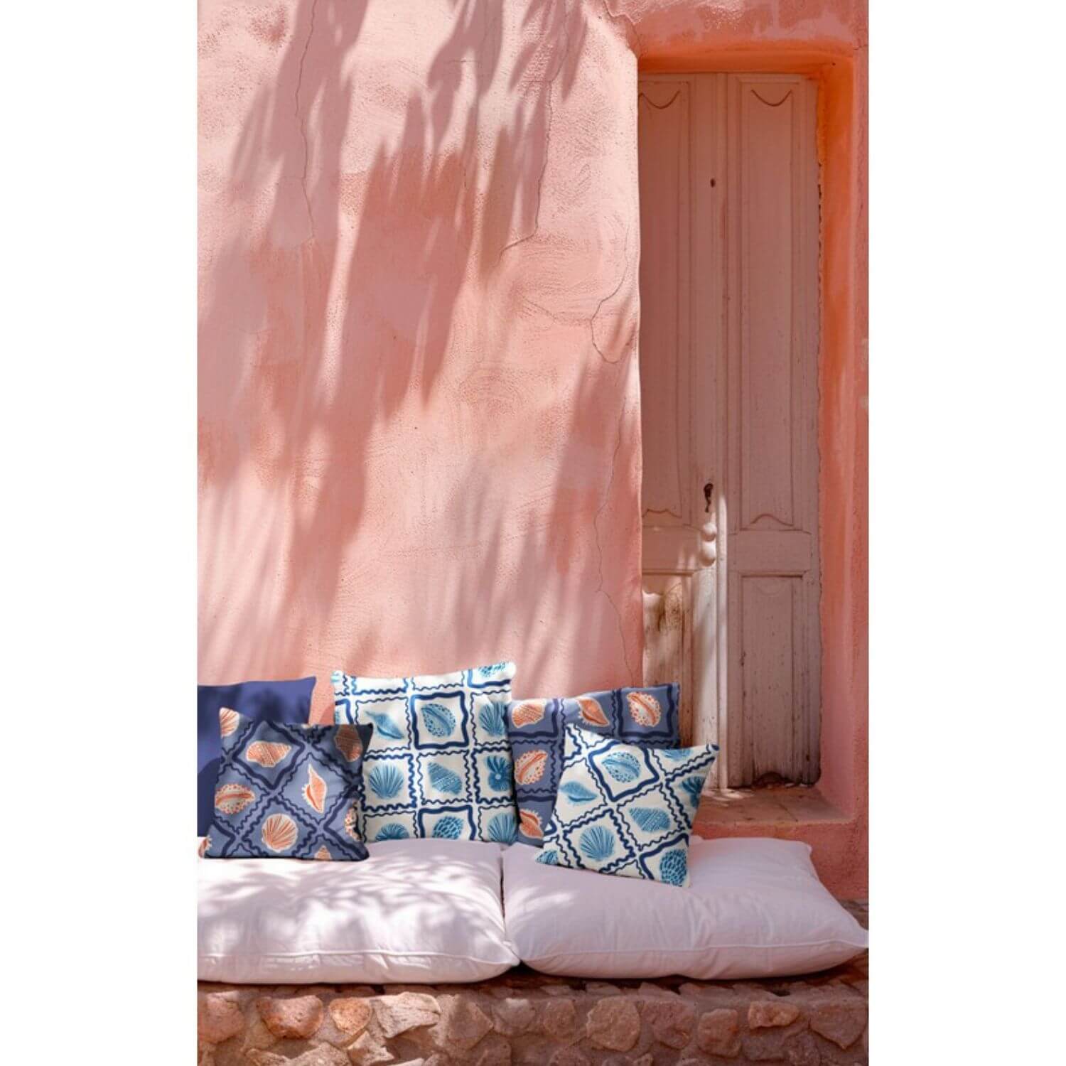 Toile de coton canevas - Coquillages Bleu jeans-1 Toile de coton canevas - Coquillages Bleu jeans-1