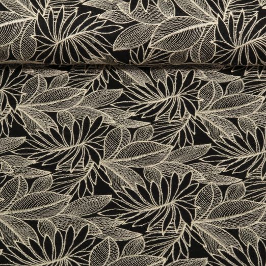 Popeline de coton - Feuilles brodées Noir