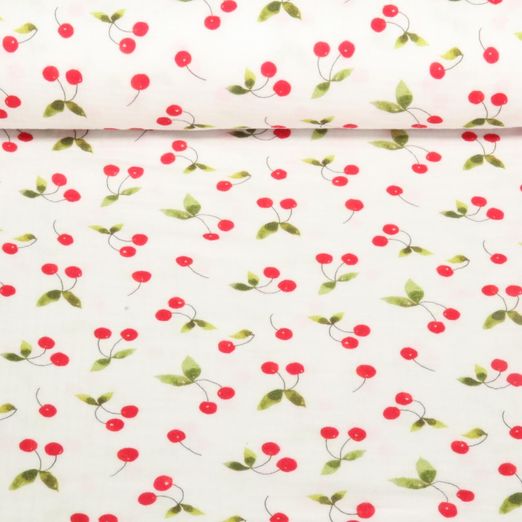 Gaze de coton lisse - Double Gaze Impression digitale Cerises Blanc