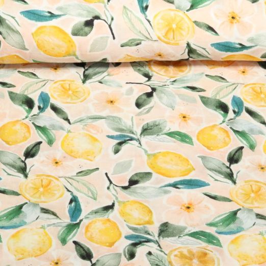 Gaze de coton lisse - Double Gaze Impression digitale Citrons Rose