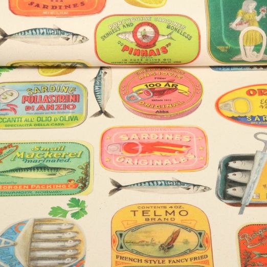 Toile de coton canevas Hugo & Hilda - Boîtes de sardines Ecru Multicolore