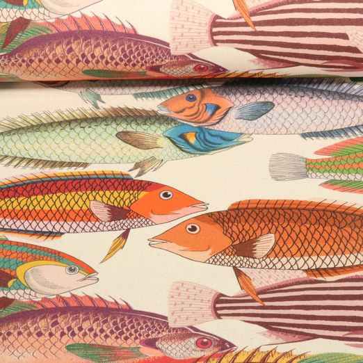 Baumwoll-Canvas Hugo & Hilda - Fische Ecru Multicolor
