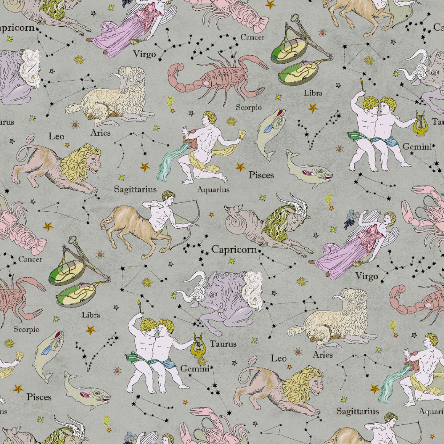 Toile de coton canevas Hugo & Hilda - Signes du zodiaque Gris-1 Toile de coton canevas Hugo & Hilda - Signes du zodiaque Gris-1
